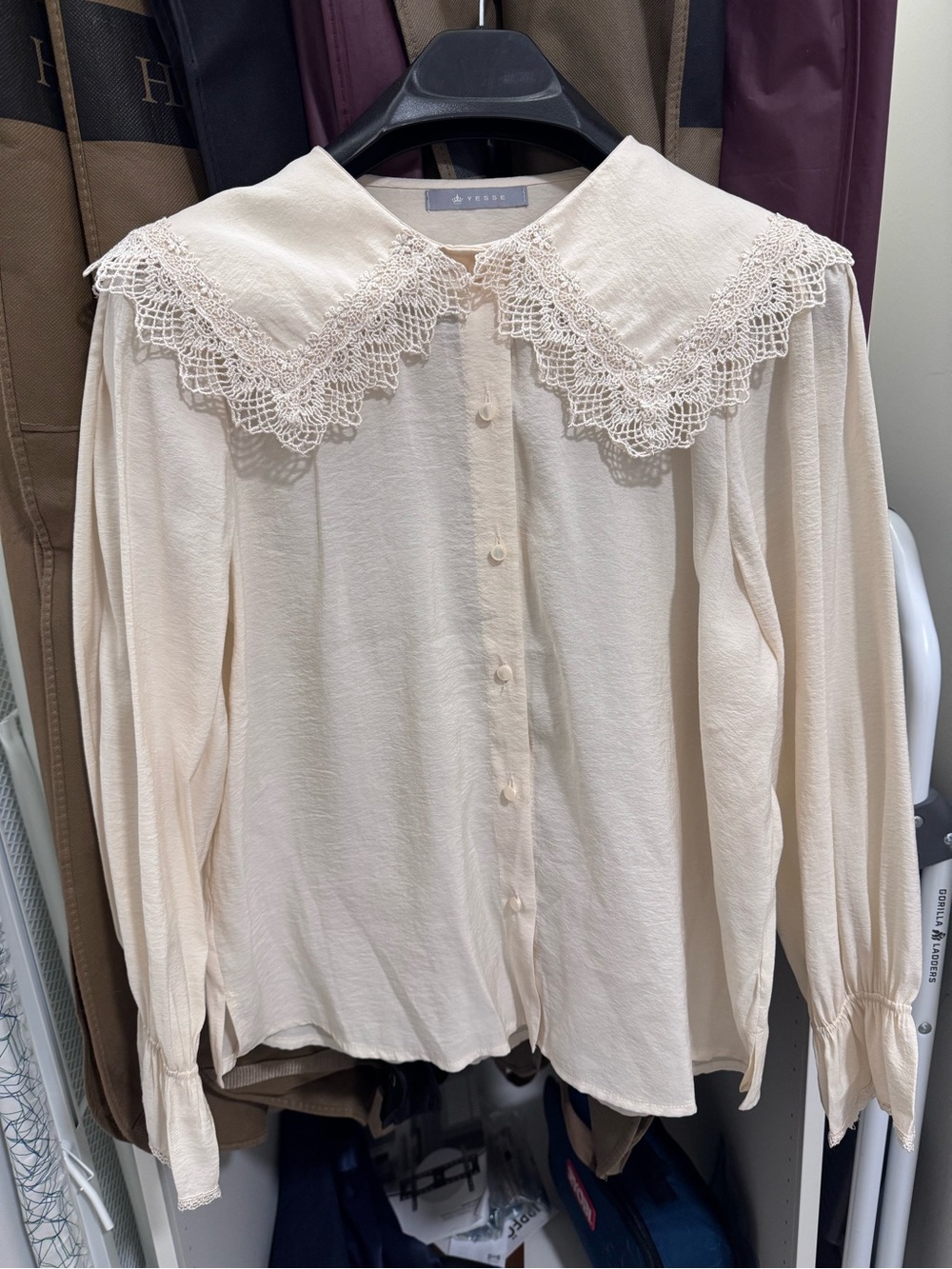 Cream Crochet Collar Button-Down Blouse